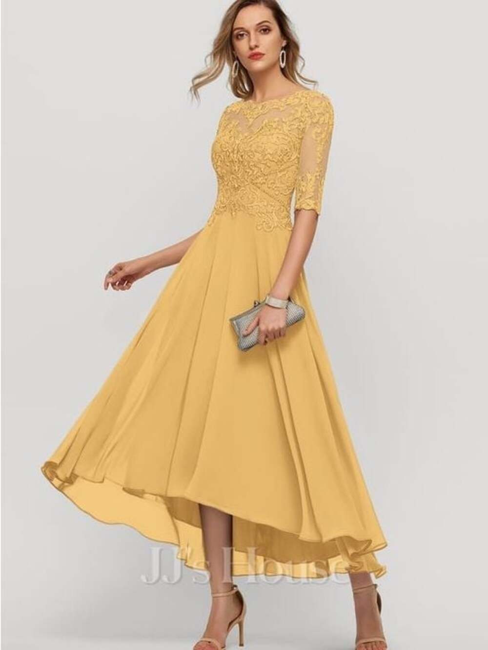JJs House Gold Lace A-Line Prom Dress